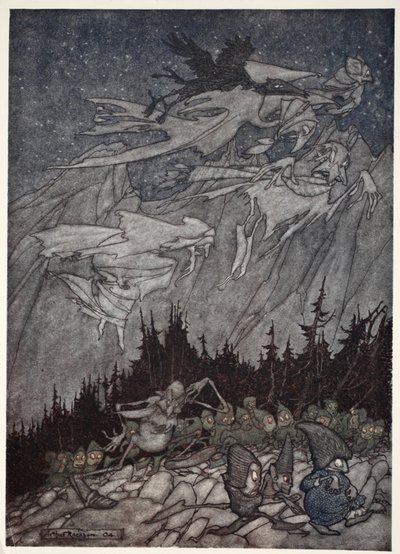As montanhas de Kaatskill sempre foram assombradas por seres estranhos, de Rip Van Winkle por Washington Irving, pub. 1910 de Arthur Rackham