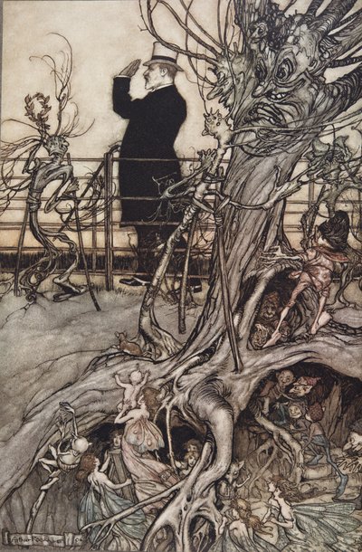 Os Kensington Gardens estão em Londres, onde vive o Rei...", de Peter Pan em Kensington Gardens por J M Barrie (1860 - 1937), pub. 1906 (cor litho) de Arthur Rackham