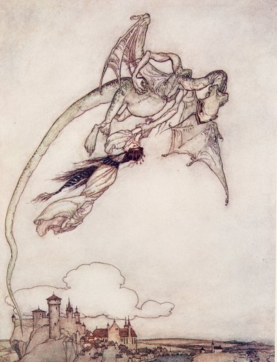 A única filha dos reis foi levada por um dragão, dos contos de fadas dos Irmãos Grimm, pub. 1909 de Arthur Rackham