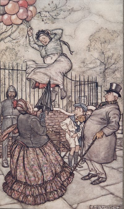 A Senhora com os balões, que fica do lado de fora, de Peter Pan em Kensington Gardens por JM Barrie (1860 - 1937), pub. 1906 de Arthur Rackham