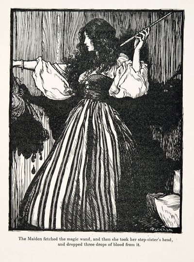 A Donzela pegou a varinha mágica, e então ela pegou a cabeça das irmãs adotivas e soltou três gotas de sangue do bar The Fairy Tales dos Irmãos Grimm. 1909 de Arthur Rackham