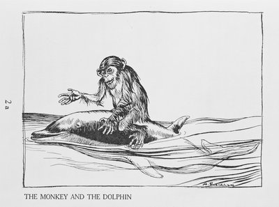 O Macaco e o Golfinho, ilustração de Aesops Fables, publicado por Heinemann, 1912 de Arthur Rackham