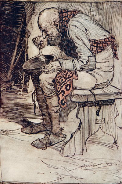 O Velho tinha que sentar-se sozinho e comer sua comida de uma tigela de madeira ... de Os Contos de Fadas dos Irmãos Grimm, pub. 1909 de Arthur Rackham