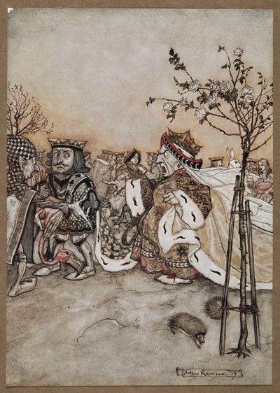 A Rainha de Copas a gritar com raiva depois do jogo de croquete de Arthur Rackham