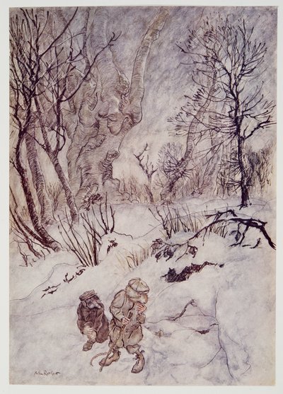 O Rato ponderou por algum tempo e examinou as corcundas e encostas que os rodeavam, de Wind in the Willows, de Kenneth Grahame (1859 - 1932), pub. 1940 de Arthur Rackham