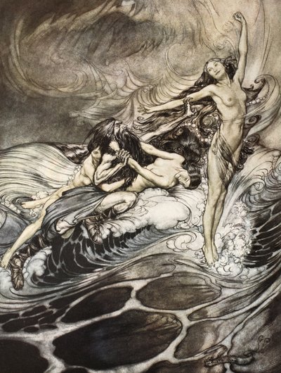 As Rhinemaidens obtêm a posse do anel e o carregam em triunfo, ilustração de "Siegfried and the Twilight of the Gods" (Siegfried e o Crepúsculo dos Deuses) de Arthur Rackham