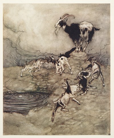 Os Sete Garotos e sua mãe se divertiram e dançaram ao redor da primavera em sua alegria, de Os Contos de Fadas dos Irmãos Grimm, pub. 1909 de Arthur Rackham