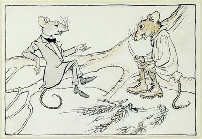 O rato da cidade e o rato do país, ilustração de Fábulas de Esopo, publicado em 1912 (caneta e tinta com wc no papel) de Arthur Rackham