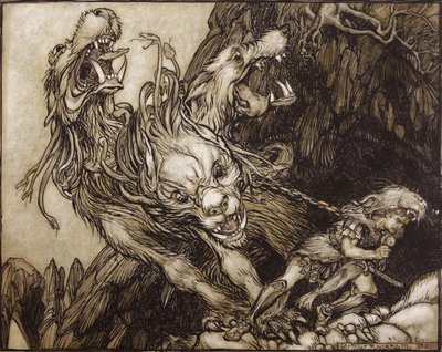 O décimo segundo trabalho de Hércules, ilustração dos heróis gregos por BG Niebuhr, 1903 (caneta e tinta e wc no papel) de Arthur Rackham