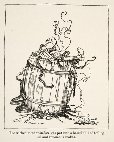 A sogra má foi colocada em um barril cheio de óleo fervente e cobras venenosas, de Little Brother & Little Sister e Outros Contos dos Irmãos Grimm, pub.1917 (litho) de Arthur Rackham