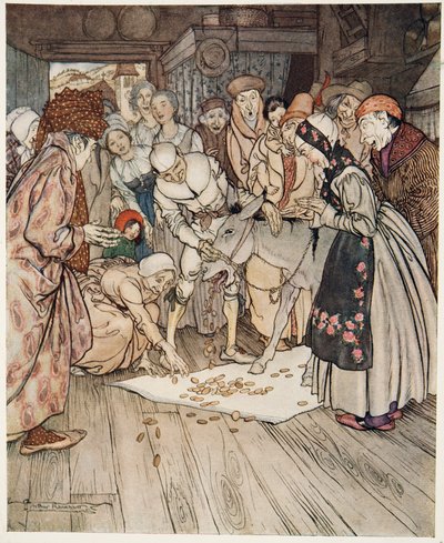 A Mesa dos Desejos, o Deus Asss e o Bastão na Mochila, de Pequeno Irmão e Irmãzinha e Outros Contos pelos Irmãos Grimm, pub.1917 de Arthur Rackham