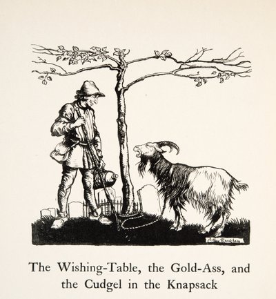 A Mesa dos Desejos, os Rabos de Ouro e o Cudgel na Mochila, de Little Brother & Little Sister e Outros Contos dos Irmãos Grimm, pub.1917 (litho) de Arthur Rackham