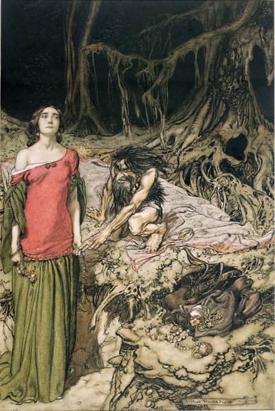 O Cortejo de Grimhilde, a mãe de Hagen de &39;Siegfried e o Crepúsculo dos Deuses&39; por Richard Wagner, traduzido por Margaret Armour, 1911 de Arthur Rackham