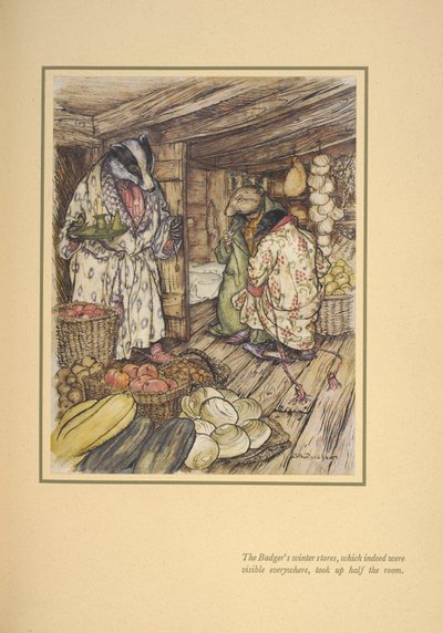 As lojas de inverno do texugo, que de facto eram visíveis em todo o lado, ocuparam metade da sala". de Arthur Rackham