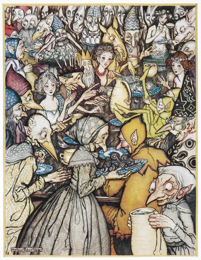 "O banquete onde a empresa realmente grande foi montada". O rei Elfin, com uma coroa dourada, as suas filhas, e os duendes e trolls reuniram-se para uma refeição. Ilustração para "a colina dos duendes". de Arthur Rackham