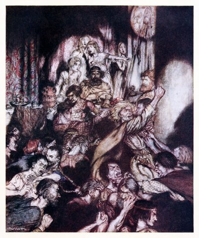 A sala de banquetes estava em tumulto. da pequena briga em contos de fadas irlandeses de Arthur Rackham