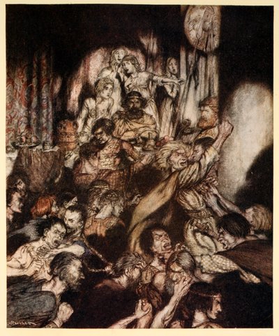 O salão de banquetes estava em tumulto, ilustração de "Contos de Fadas Irlandeses" de James Stephens de Arthur Rackham