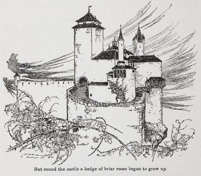 O castelo rodeado de espinhos de Briar Rose (Bela Adormecida) de Arthur Rackham
