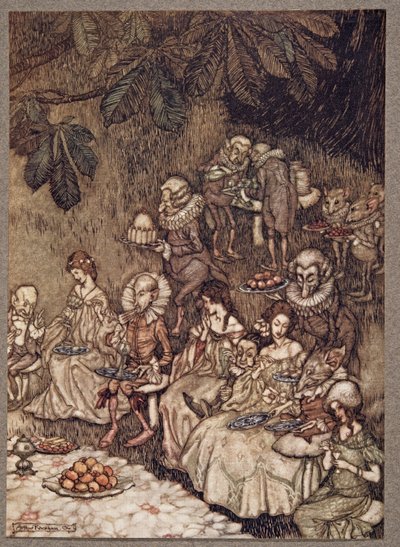 As fadas sentam-se em volta dos cogumelos e, a princípio, são bem comportadas, de Peter Pan em Kensington Gardens, de JM Barrie (1860 - 1937), pub. 1906 de Arthur Rackham