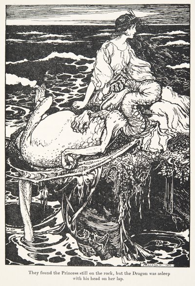 O encontrou a Princesa ainda na rocha, mas o Dragão estava dormindo com a cabeça no colo, do conto The Fairy Tales dos irmãos Grimm. 1909 de Arthur Rackham