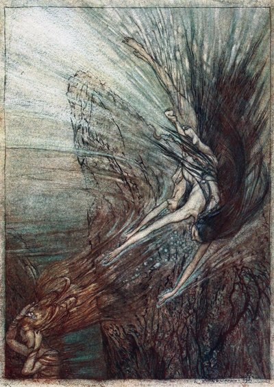 A brincadeira dos Rhinemaidens. Ilustração para Rhinegold e The Valkyrie, de Richard Wagner, de Arthur Rackham