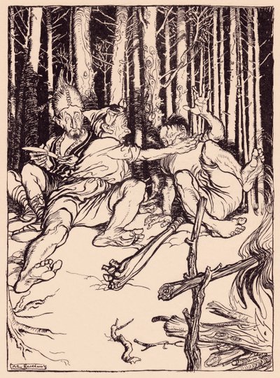 O gigante deu àquele que estava sentado ao seu lado uma caixa sobre a orelha. Ilustração de Arthur Rackham de Grimm