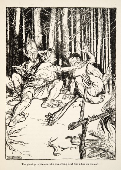 O gigante deu àquele que estava sentado ao seu lado uma caixa na orelha, de Little Brother & Little Sister e Outros Contos dos Irmãos Grimm, pub.1917 (litho) de Arthur Rackham