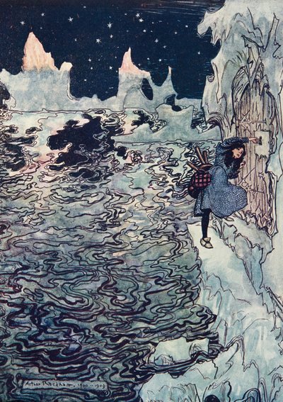 A boa irmãzinha cortou o próprio dedo minúsculo, encaixou-o na fechadura e conseguiu abri-lo em Os contos de fada dos irmãos Grimm, pub. 1909 de Arthur Rackham