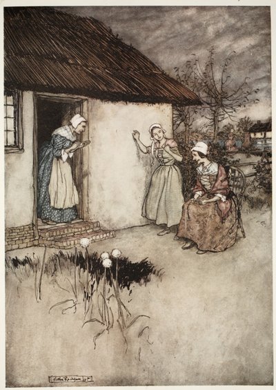 As boas esposas da aldeia nunca falharam, em suas fofocas noturnas, de colocar toda a culpa em Dame Van Winkle, de Rip Van Winkle de Washington Irving, pub. 1910 de Arthur Rackham