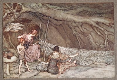As pessoas pequenas tecem suas cortinas de verão a partir de folhas de esqueleto ..., de Peter Pan em Kensington Gardens por JM Barrie (1860 - 1937), pub. 1906 de Arthur Rackham