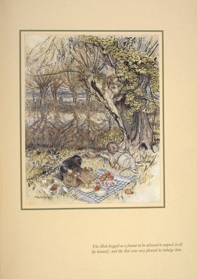 A toupeira implorou como um favor para ser autorizada a desempacotar tudo sozinha; e o rato ficou muito satisfeito por lhe fazer a vontade". de Arthur Rackham