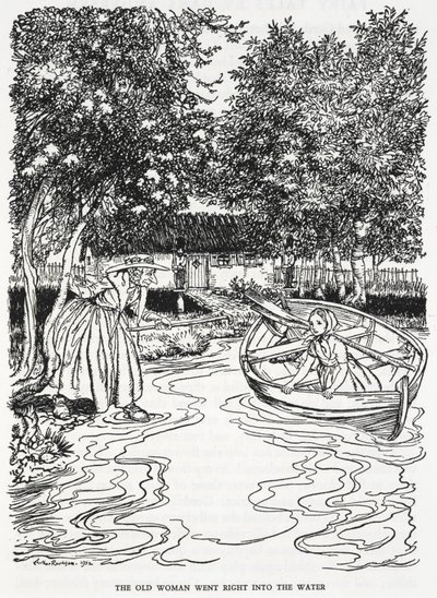 "A velha mulher entrou mesmo na água". Ilustração para "o jardim de flores da mulher que conhecia a magia". Uma jovem rapariga, Gerda, num barco. Uma mulher idosa entra no rio para a ajudar. de Arthur Rackham