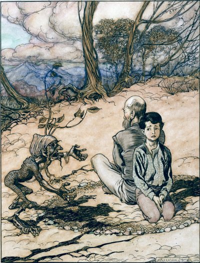 O filho fez um círculo, e seu pai e ele tomaram lugares dentro dele, e o pequeno mannikin preto apareceu, ilustração do Rei da Montanha Dourada em Os Contos de Fadas dos Irmãos Grimm, de Arthur Rackham