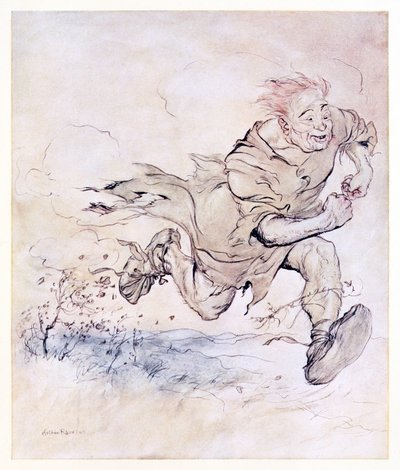 A batida de suas grandes botas cresceu tão contínua quanto o bater de pedras de granizo em um telhado, e o vento de sua passagem derrubou árvores. do Carl do casaco Drab em contos de fadas irlandeses de Arthur Rackham