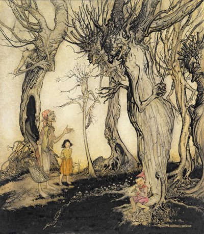 As árvores e o machado, de &39;Fábulas de Esopo&39;, c.1912 (caneta e tinta com wc no papel) de Arthur Rackham