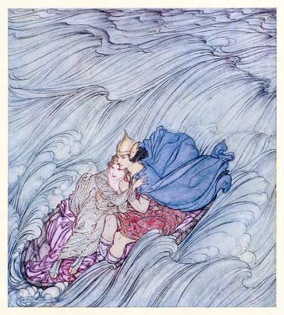 As ondas de todos os mundos pareciam passar por eles em um enorme tapete verde de Becuma da Pele Branca em contos de fadas irlandeses de Arthur Rackham