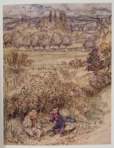 O viajante saudou com um gesto de cortesia que tinha algo estranho sobre ele, de Wind in the Willows por Kenneth Grahame (1859 - 1932), pub. 1940 de Arthur Rackham