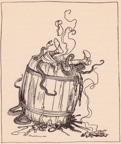 A sogra malvada foi colocada num barril cheio de óleo a ferver e cobras venenosas. Ilustração de Arthur Rackham de Grimm
