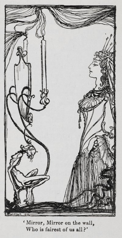 A rainha malvada a olhar-se ao espelho de Snowdrop (Branca de Neve) de Arthur Rackham