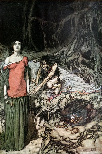 A corte de Grimhilde, a mãe de Hagen. Ilustração para Siegfried e The Twilight of the Go de Arthur Rackham