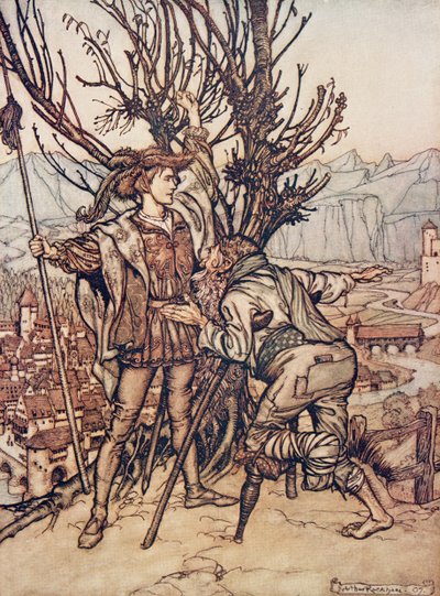 O jovem príncipe siad não tenho medo; Eu estou determinado a ir e olhar para o adorável Briar Rose , de Os contos de fada dos irmãos Grimm, pub. 1909 de Arthur Rackham