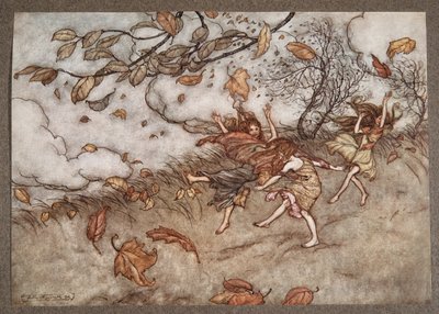 Não há quase nada que tenha um senso tão divertido de folha caída, de Peter Pan em Kensington Gardens, de JM Barrie (1860 - 1937), pub. 1906 de Arthur Rackham