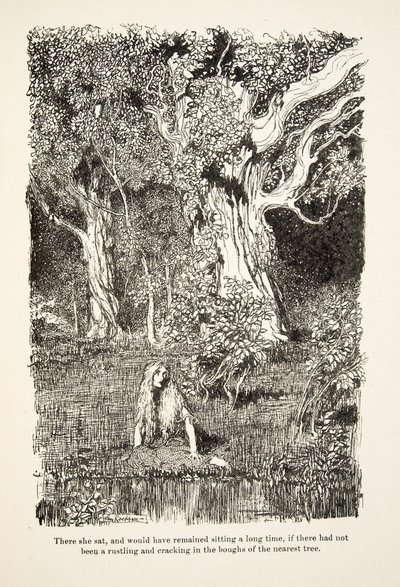 Lá estava ela sentada, e teria ficado sentada por muito tempo, se não tivesse havido um barulho e rachaduras nos ramos da árvore mais próxima, de Little Brother & Little Sister e Outros Contos dos Irmãos Grimm, pub.1917 (litho) de Arthur Rackham