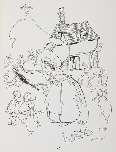 Havia uma senhora idosa que vivia num sapato. Mulher com um sapato-casa e muitas crianças. de Arthur Rackham