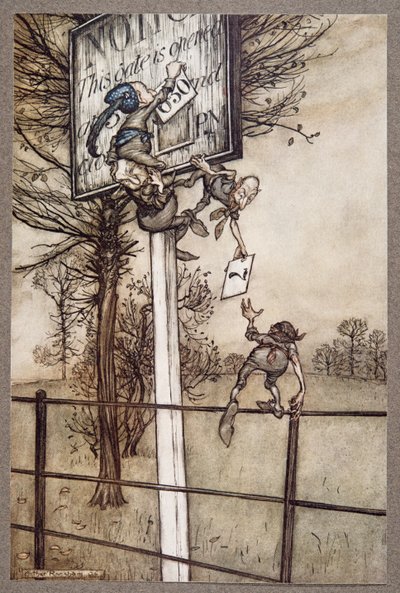 Estas fadas astutas às vezes alteram maliciosamente o tabuleiro numa noite de bola ..., de Peter Pan em Kensington Gardens por JM Barrie (1860 - 1937), pub. 1906 de Arthur Rackham