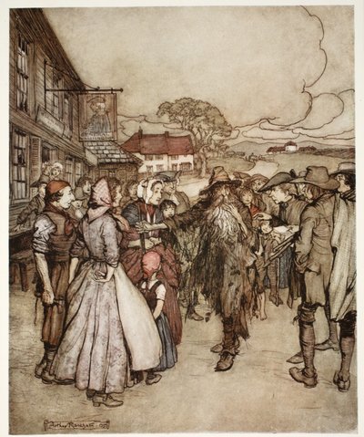 Eles se aglomeraram em torno dele, olhando im da cabeça aos pés com muita curiosidade., De Rip Van Winkle, de Washington Irving, pub. 1910 de Arthur Rackham