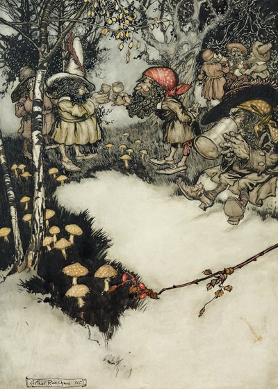 Eles beberam seu licor em profundo silêncio, 1905 (caneta & em e wc no papel) de Arthur Rackham