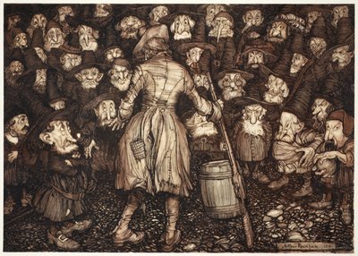 Eles olhavam para ele com um olhar tão fixo, parecido com uma estátua, que seu coração girava dentro dele e seus joelhos golpeavam juntos, de Rip Van Winkle, de Washington Irving, pub. 1910 de Arthur Rackham