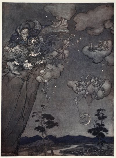 Eles eram governados por um velho espírito de espírito que pendurou as novas luas nos céus e cortou as antigas em estrelas, de Rip Van Winkle de Washington Irving, pub. 1910 de Arthur Rackham