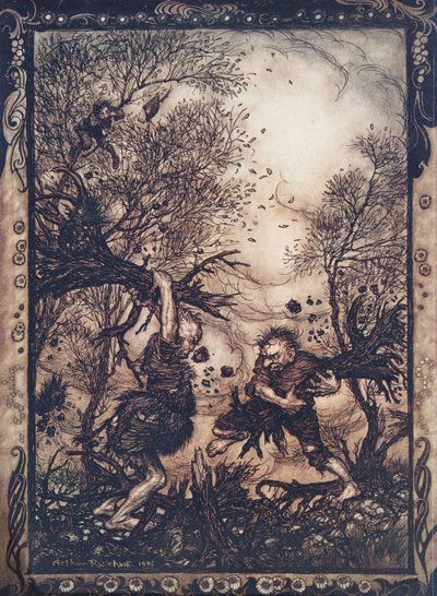Eles se enfureceram tanto que rasgaram árvores pelas raízes e cortaram um ao outro até que os dois caíram mortos, de Os Contos de Fadas dos Irmãos Grimm, pub. 1909 de Arthur Rackham